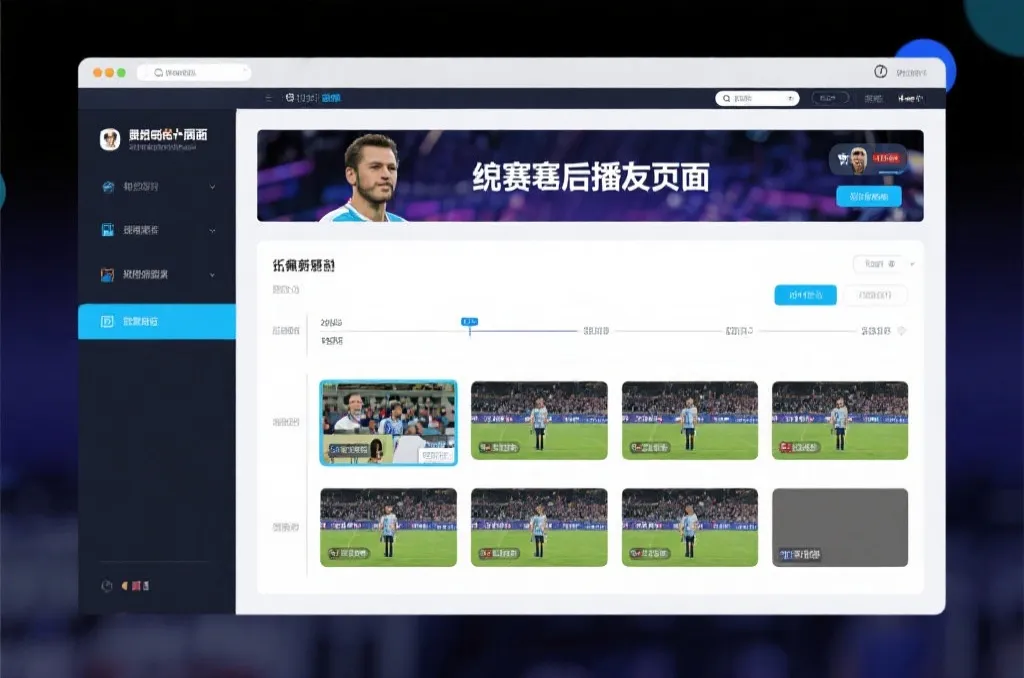 比赛结束后，电视屏幕展示集锦回放页面，旁边有时间轴和多角度切换提示